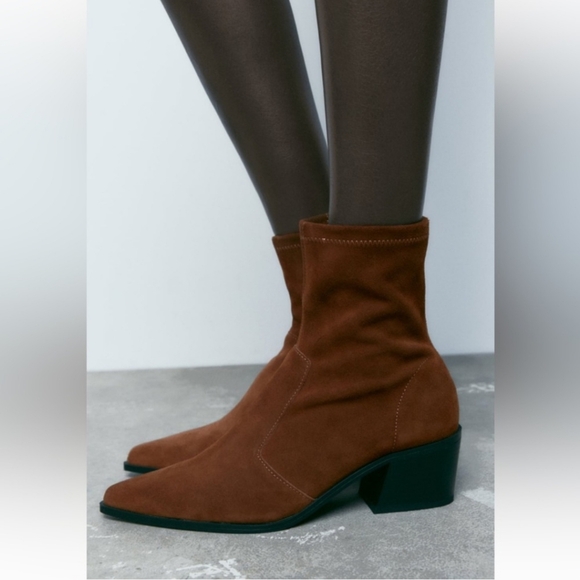Zara Heeled Suede Leather Ankle Boots Brown Block Heel Size 40 NWT - Picture 4 of 16